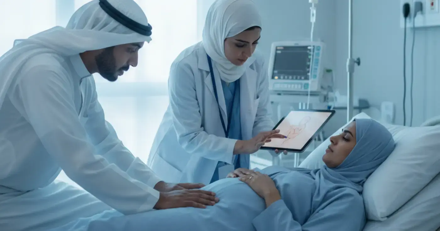 A pregnant woman receiving support and medical care during labor in a hospital setting