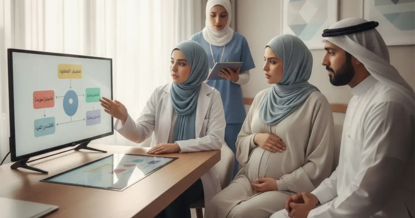 An obstetrician explaining C-section urgency categories to an expectant mother