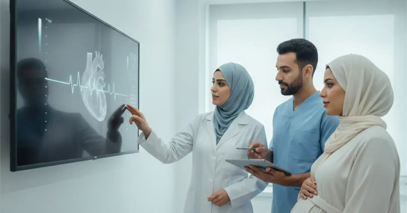 طبيبة قلب تناقش نتائج تخطيط صدى القلب مع امرأة حامل في العيادة الطبية