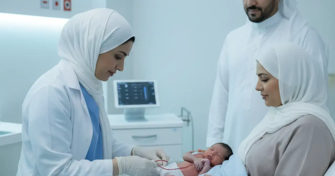 طبيب يقوم بتأخير قطع الحبل السري لمولود جديد لتعزيز صحته