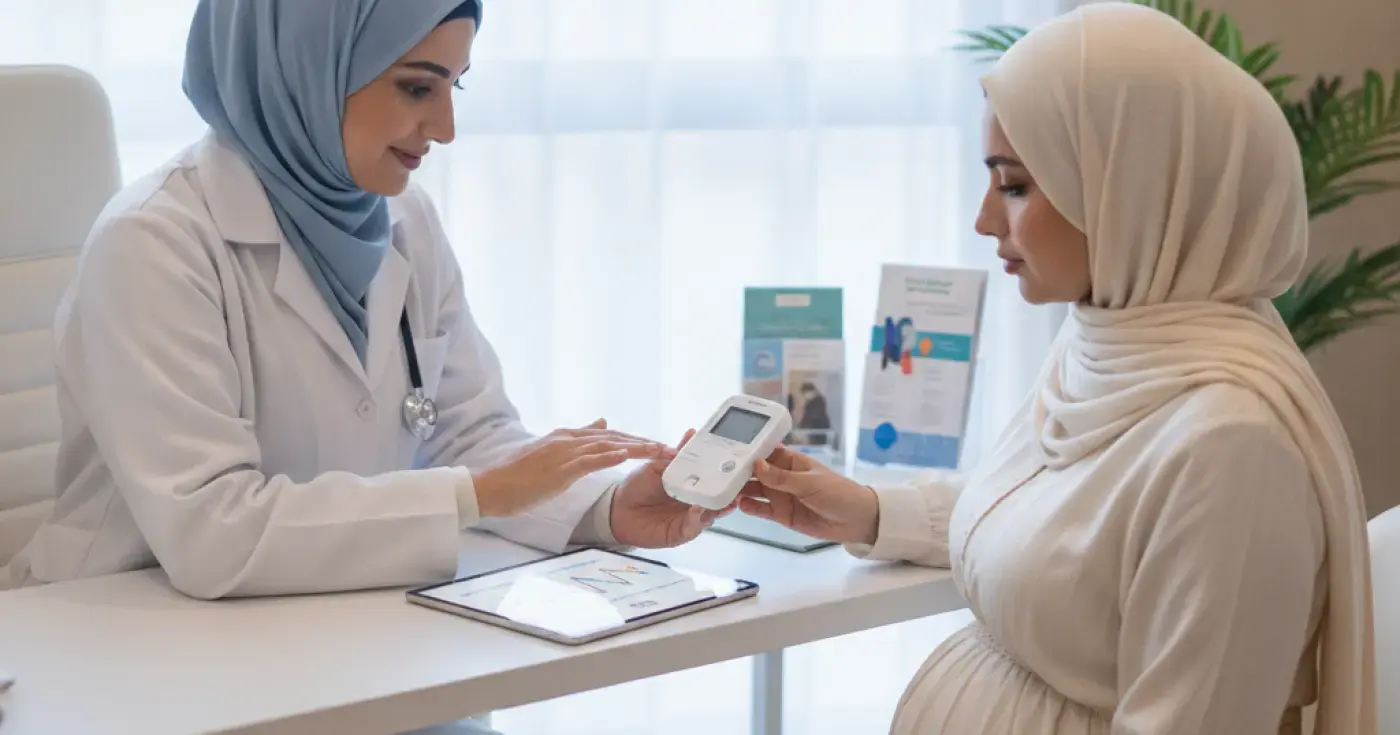 طبيبة تشرح لامرأة حامل كيفية استخدام جهاز قياس السكر ومتابعة مستويات الجلوكوز أثناء الحمل في العيادة