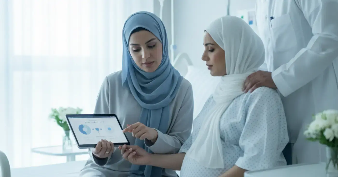 A doula providing emotional and psychological support to a mother preparing for a scheduled C-section in a hospital setting