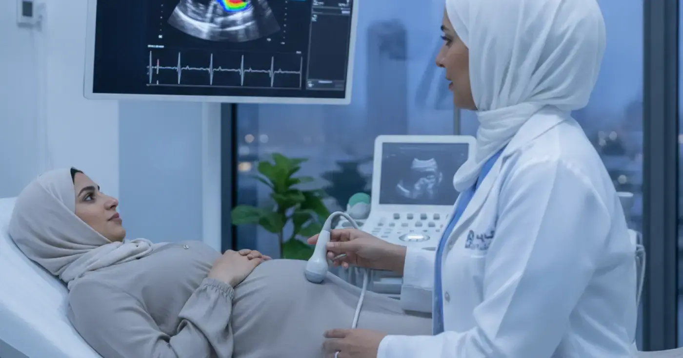 طبيبة تجري فحص الدوبلر لمتابعة نمو الجنين لحامل في العيادة