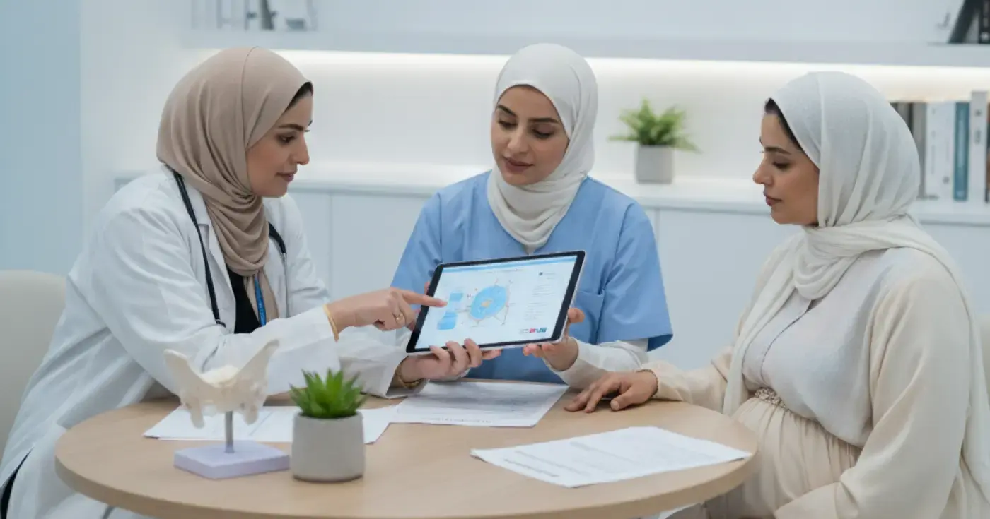 طبيبة نساء وقابلة ودولا يدعمن امرأة حامل أثناء التخطيط للولادة في بيئة طبية مريحة