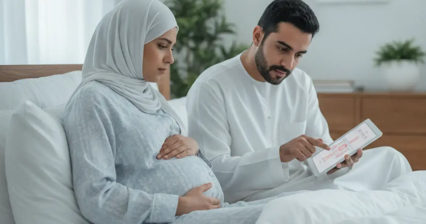 A pregnant woman resting comfortably on a sofa, managing mild early pregnancy cramps safely