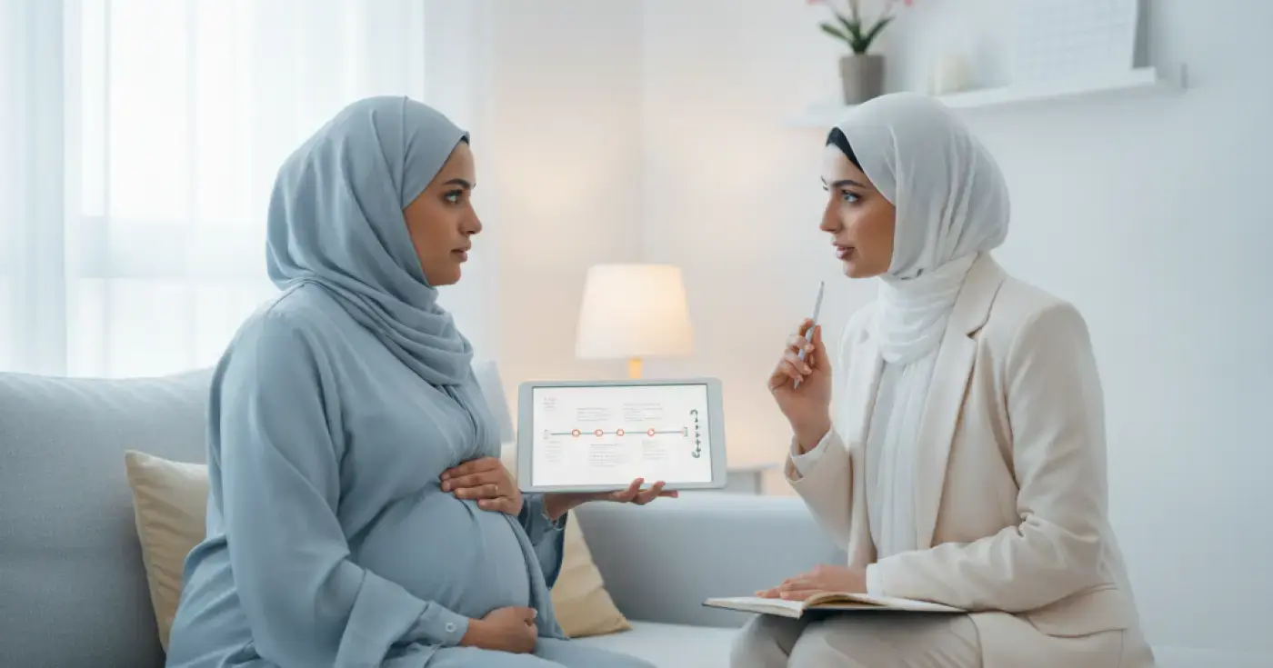An expectant mother talking to a birth doula discussing the birth plan and interview questions in Saudi Arabia