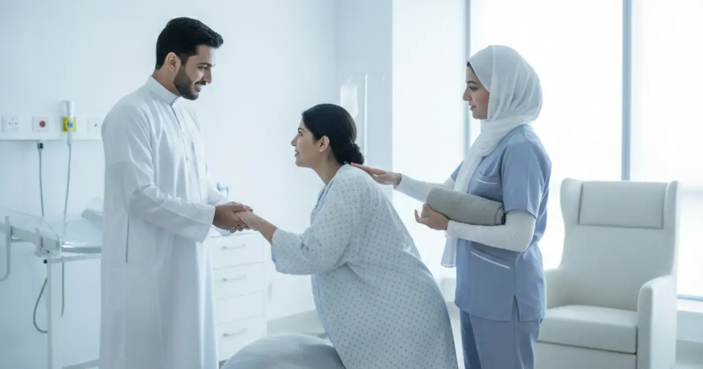 Husband and doula supporting a pregnant woman during labor in the delivery room