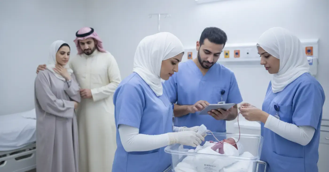 A medical team gently examining a newborn baby in the first minutes after birth in the hospital