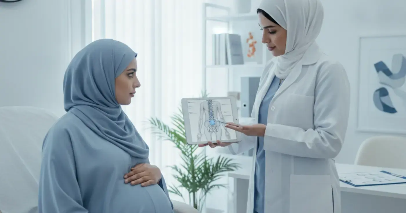 امرأة حامل تناقش خيارات إدارة ألم الولادة مع طبيبتها في العيادة