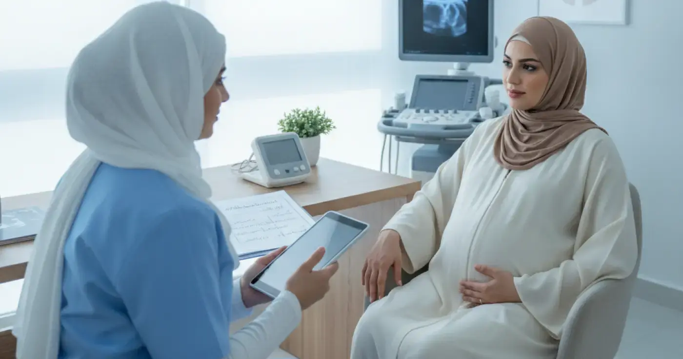 A licensed midwife providing clinical care and support to a pregnant woman in a Saudi health clinic