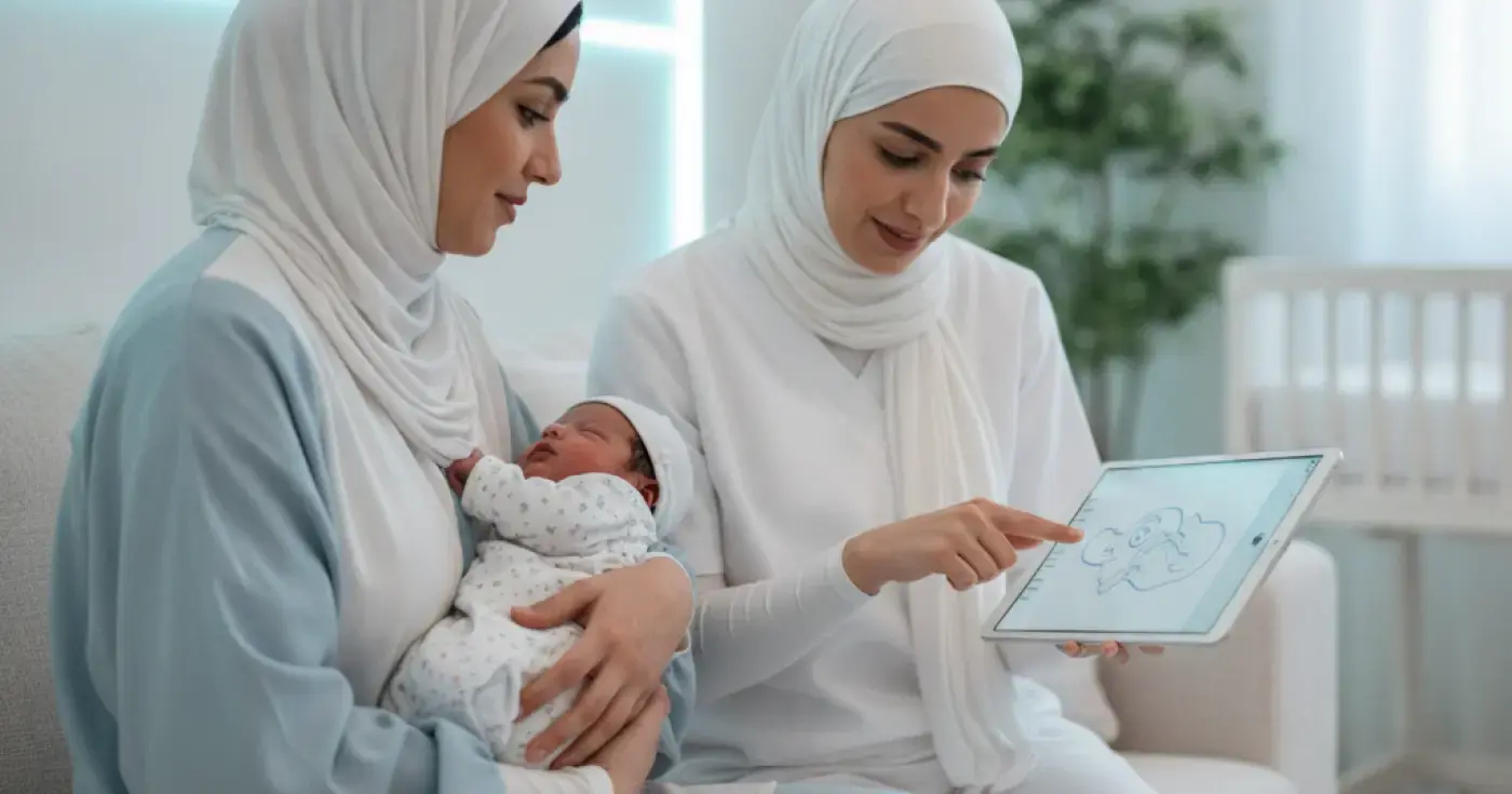 أم سعودية تحتضن مولودها الجديد برفق وتتعلم مهارات الرعاية الأساسية
