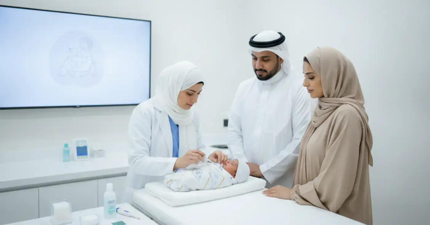 A pediatrician examining a newborn baby in a clinic in Saudi Arabia before circumcision