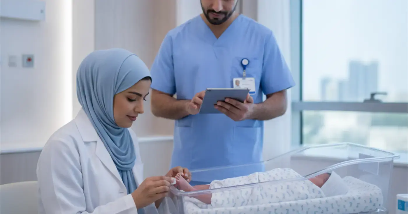 A pediatrician performing a heel prick blood test on a newborn baby in a Saudi hospital