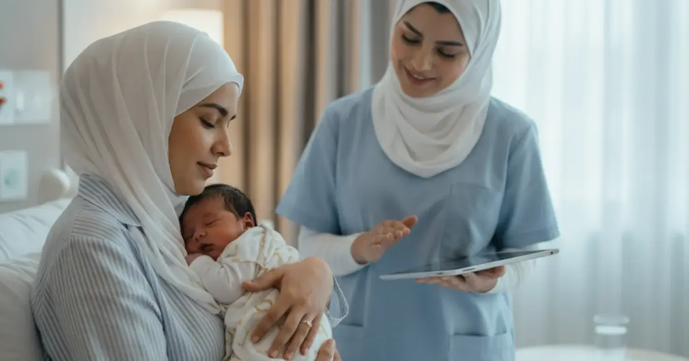 أم تحتضن مولودها الجديد ملامسة الجلد للجلد خلال الساعة الذهبية بعد الولادة