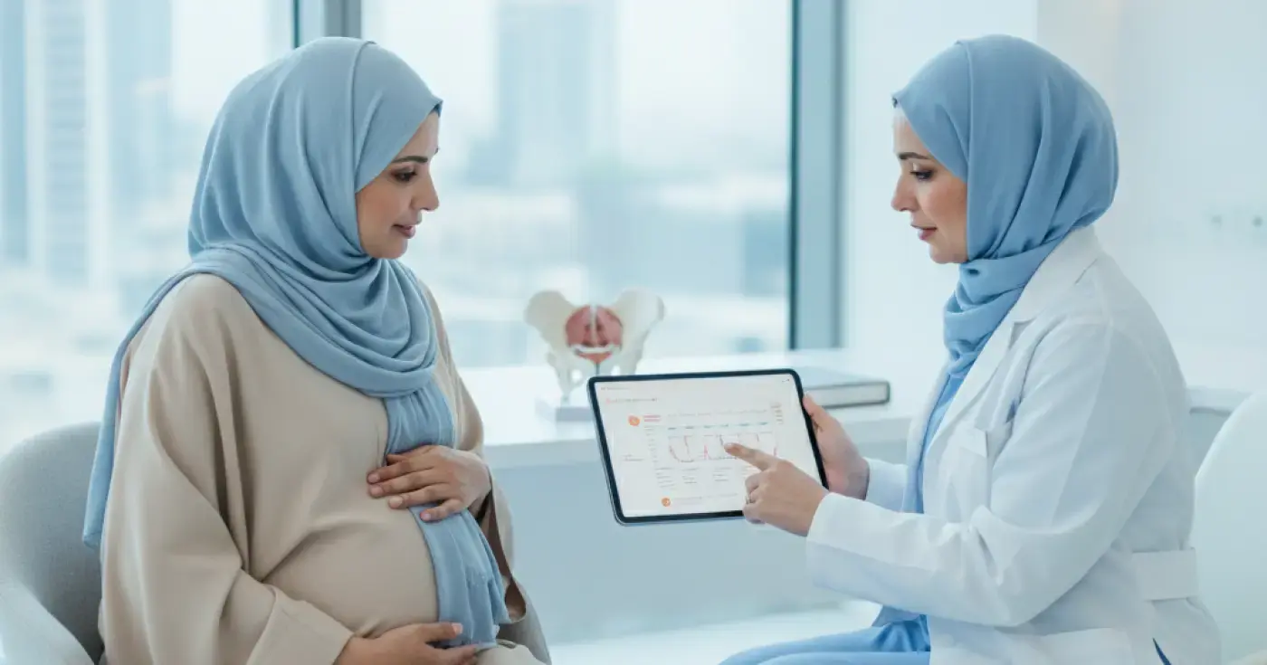 A pregnant woman reviewing her medical birth plan with her doctor in the clinic