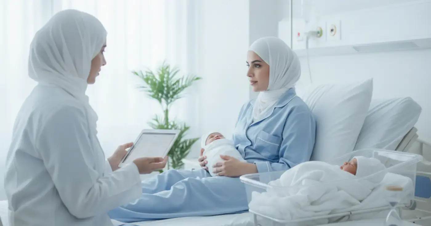 امرأة تستريح في السرير بعد الولادة لمتابعة مرحلة التعافي والنفاس