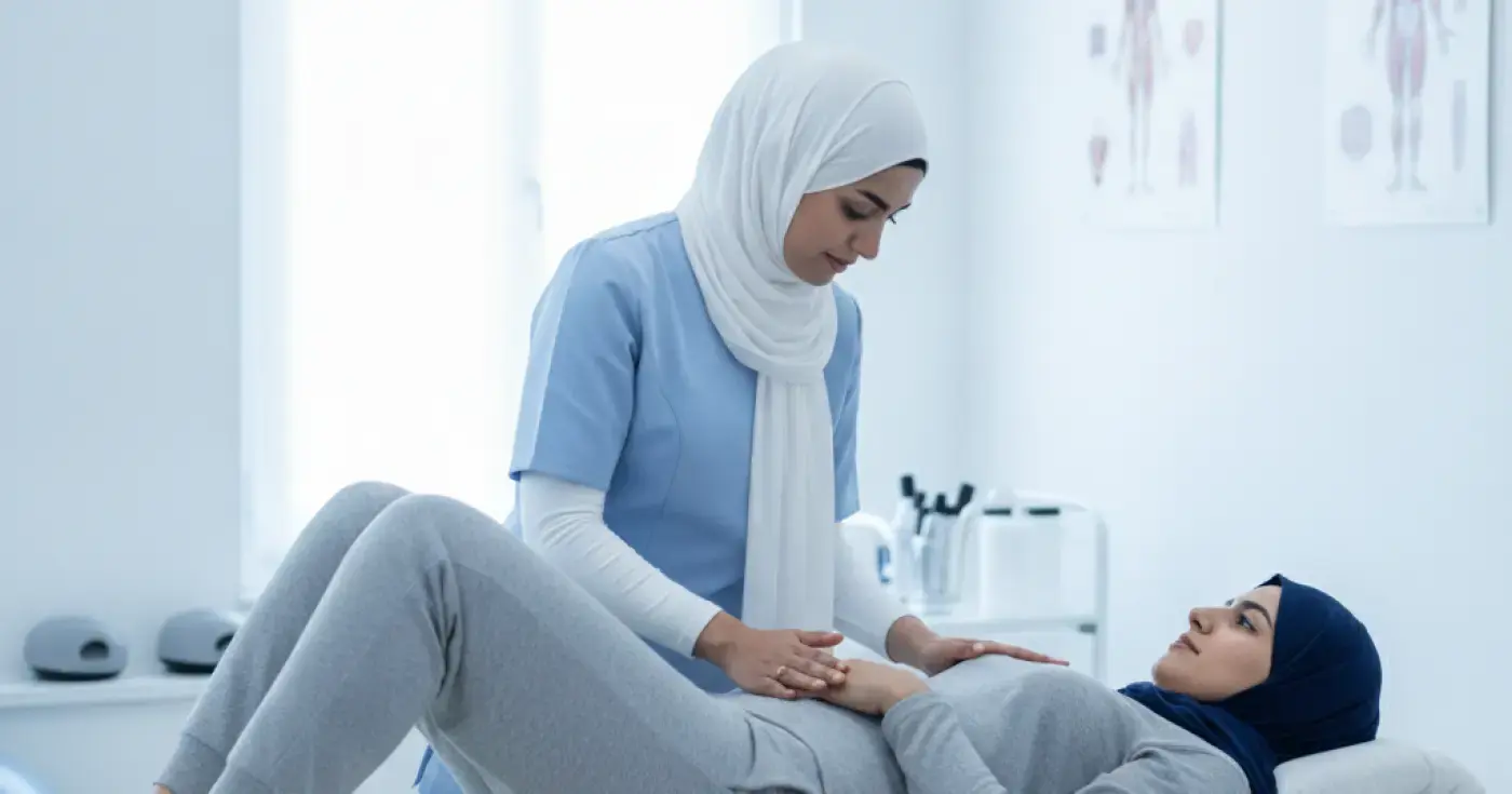 أخصائية علاج طبيعي تساعد امرأة بعد الولادة في أداء تمارين قاع الحوض والبطن بأمان