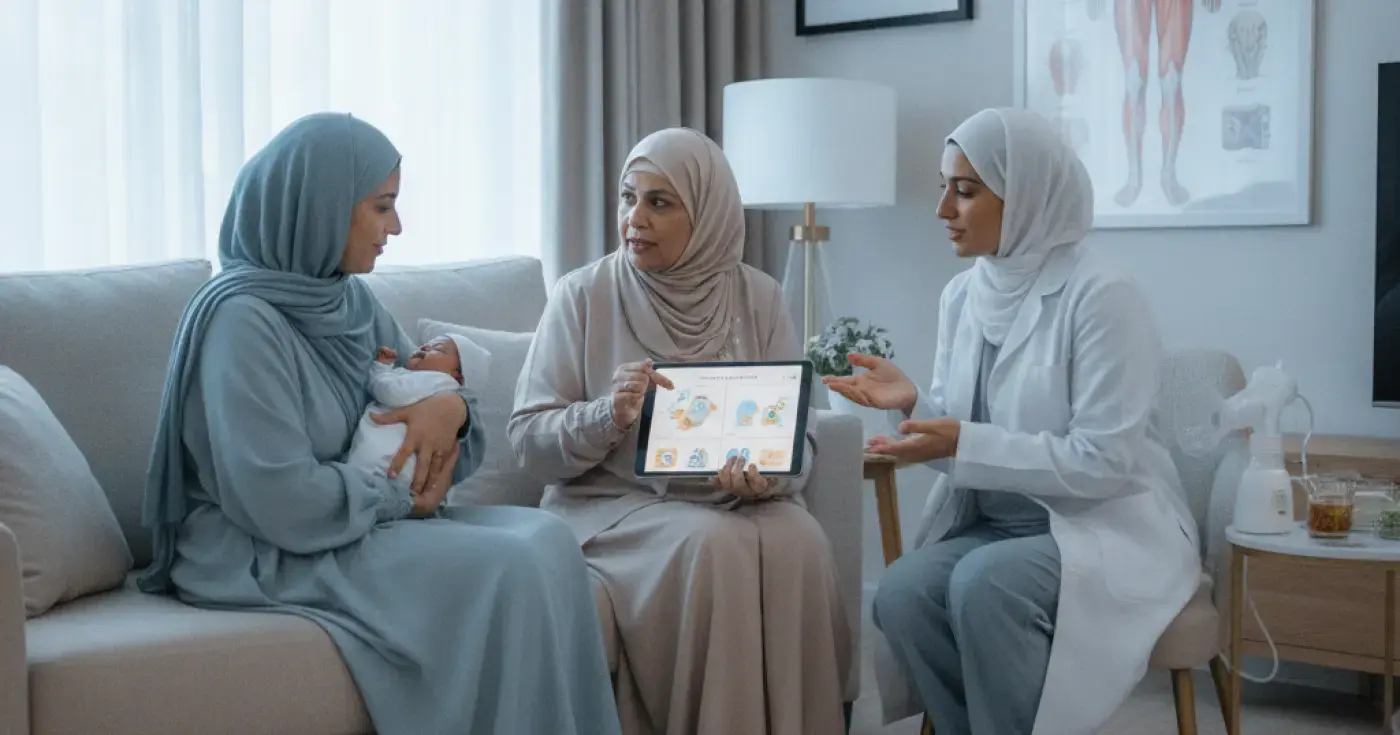 أم تحمل طفلها الرضيع في المنزل وتحصل على دعم رعاية النفاس