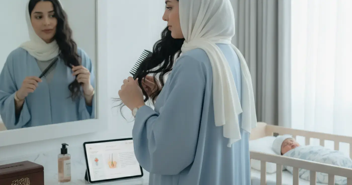 أم جديدة تعتني بشعرها بعد الولادة أمام المرآة
