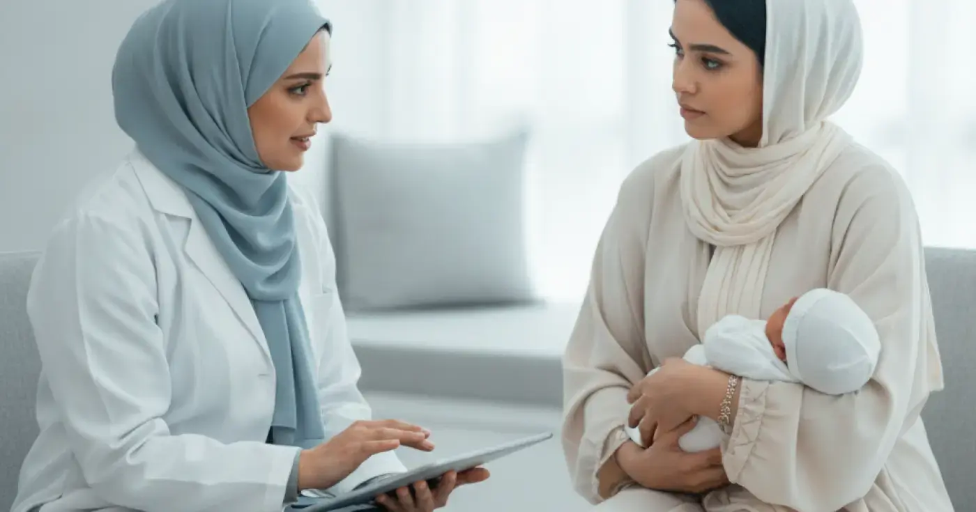 طبيبة تناقش تقييم الصحة النفسية مع أم جديدة في عيادة طبية في السعودية