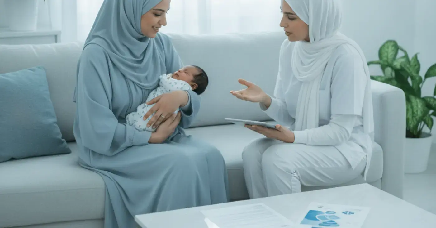 أم تحمل طفلها الرضيع بابتسامة دافئة تعبر عن مرحلة التعافي بعد الولادة والنفاس