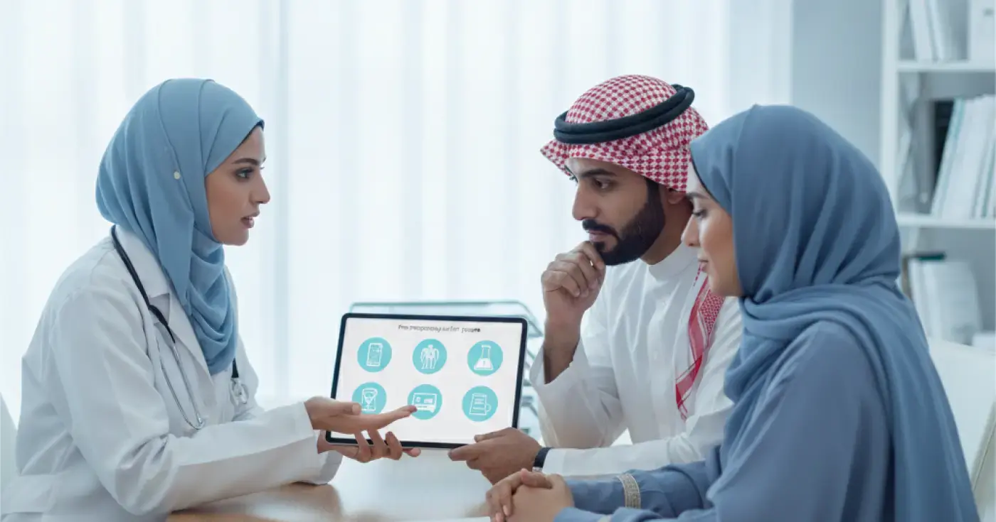 A doctor explaining preconception health optimization program and lab tests to a couple in a clinic