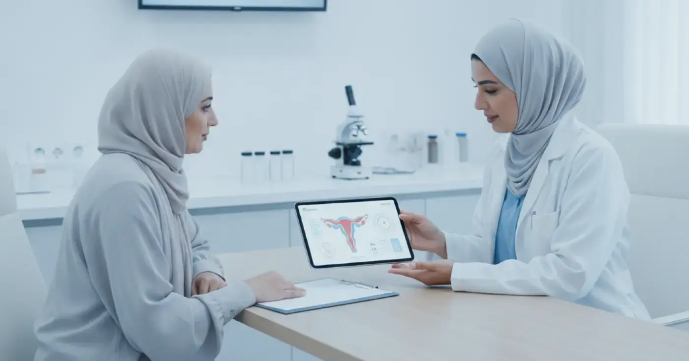 طبيبة تشرح لامرأة أهمية فحص الأمراض المعدية قبل الحمل لحماية الجنين