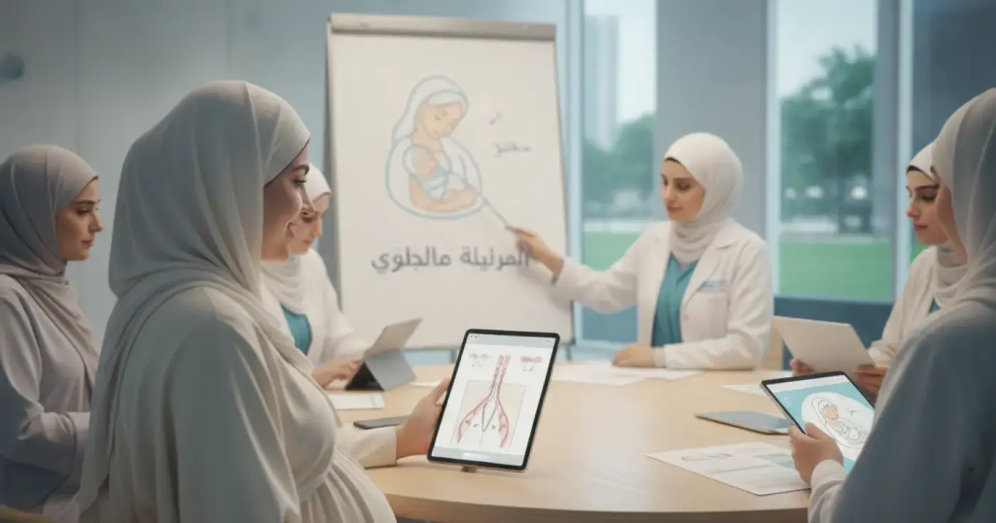 أم حامل تبتسم وتستعد لحضور دورة تحضيرية للرضاعة الطبيعية قبل الولادة
