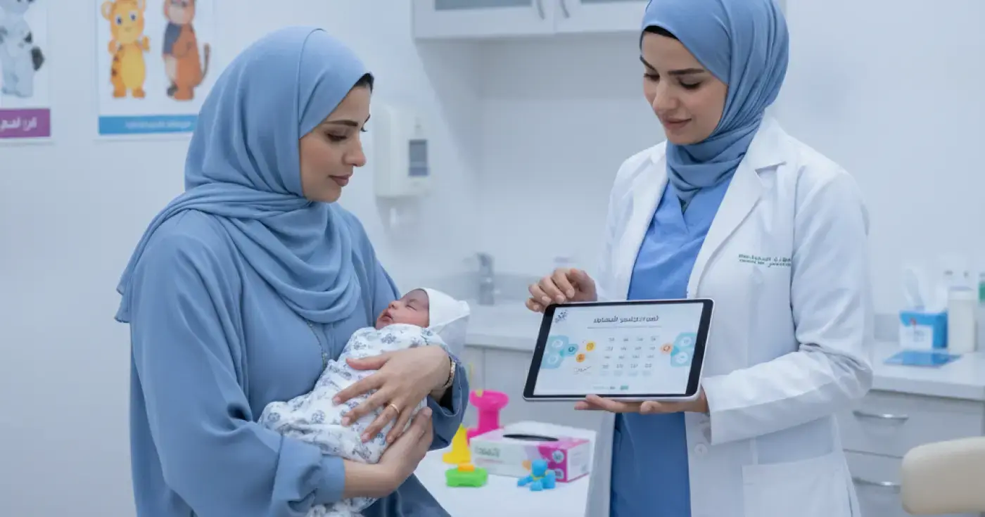أم تحمل طفلها الرضيع في عيادة طبية استعداداً لتلقي التطعيمات الأساسية في السعودية