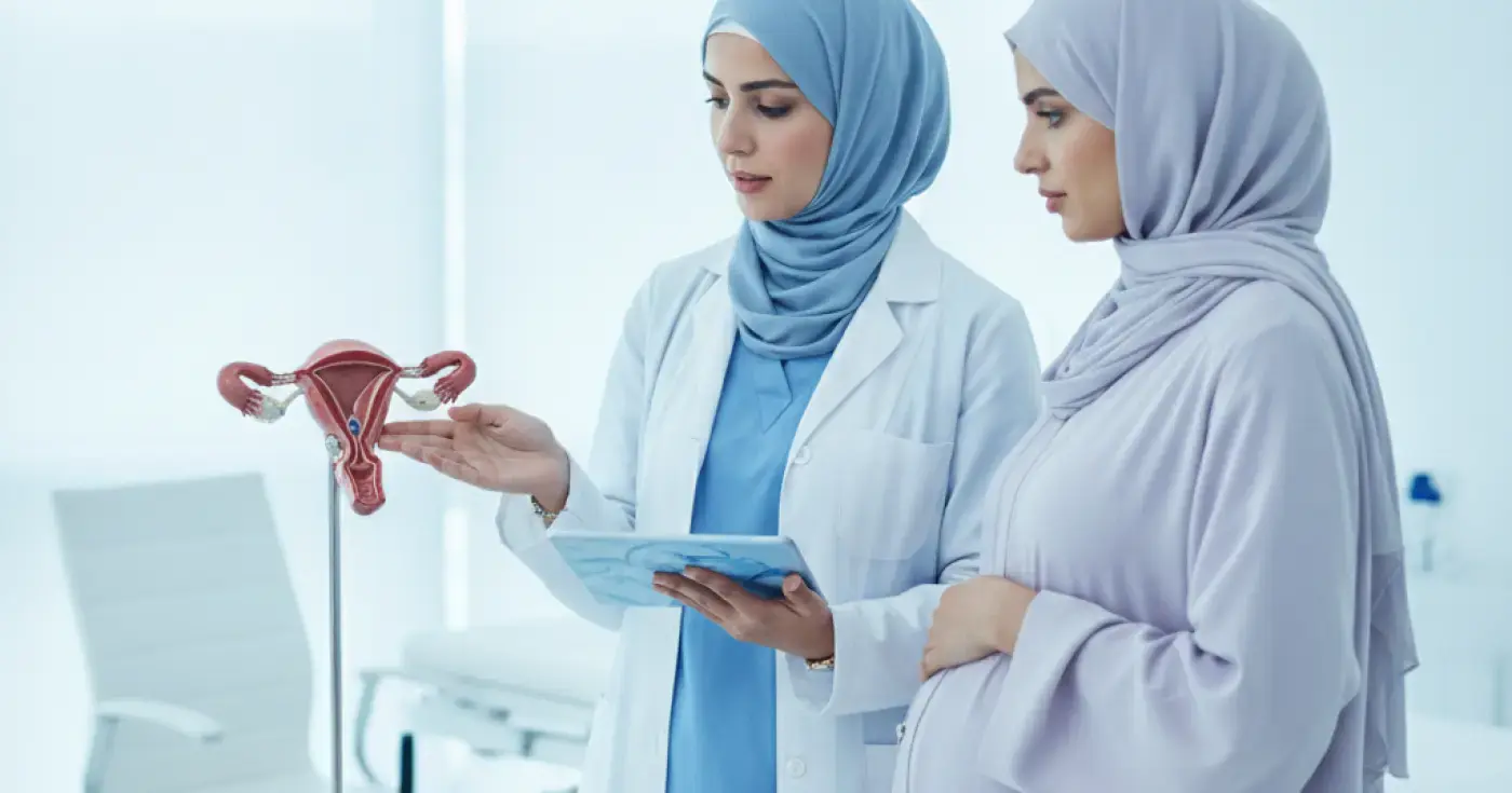An obstetrician explaining labor signs and cervical dilation using a model to a pregnant woman in a Saudi clinic