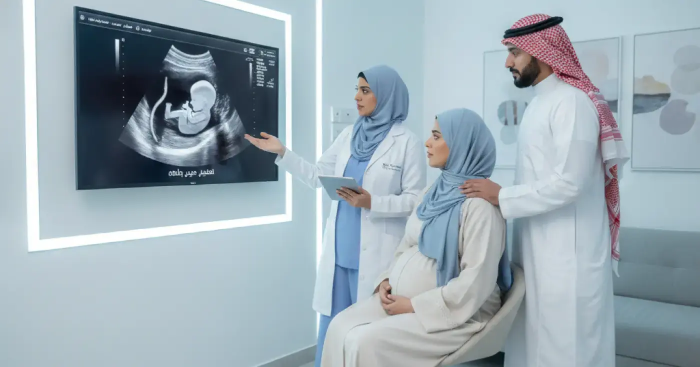 A doctor explaining ultrasound results to a pregnant woman, showing a two-vessel cord