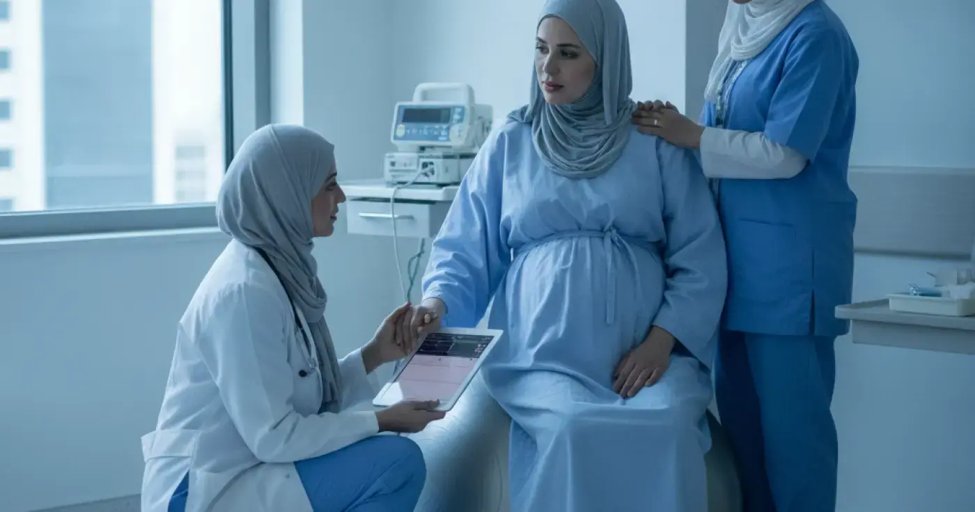 صورة تعبيرية تظهر الرعاية الطبية والدعم للأم أثناء مرحلة المخاض في المستشفى