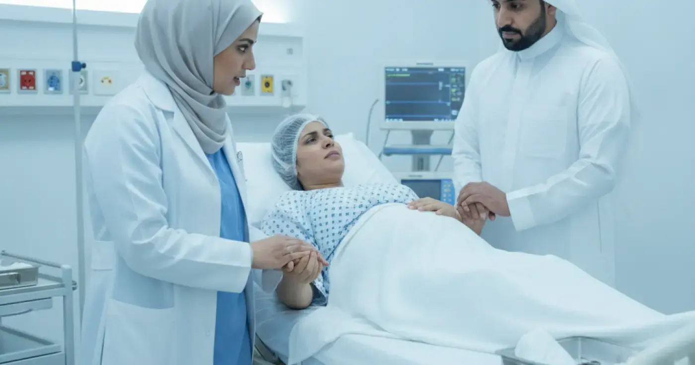 طبيبة توليد تساعد امرأة حامل في مرحلة الدفع أثناء الولادة الطبيعية في المستشفى