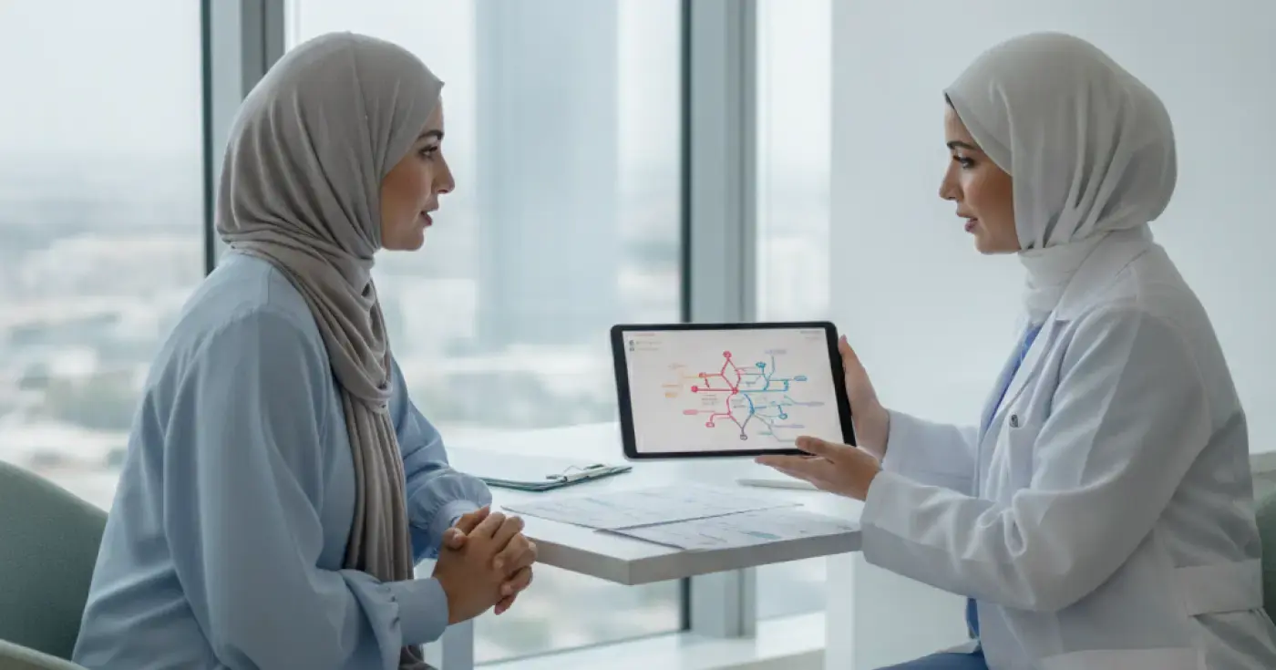 امرأة تتحدث مع طبيبة لمناقشة تأثير الغدة الدرقية على الخصوبة وتأخر الحمل