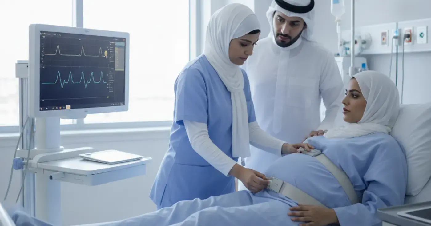 Medical professional monitoring twin fetal heart rates during labor in a hospital setting