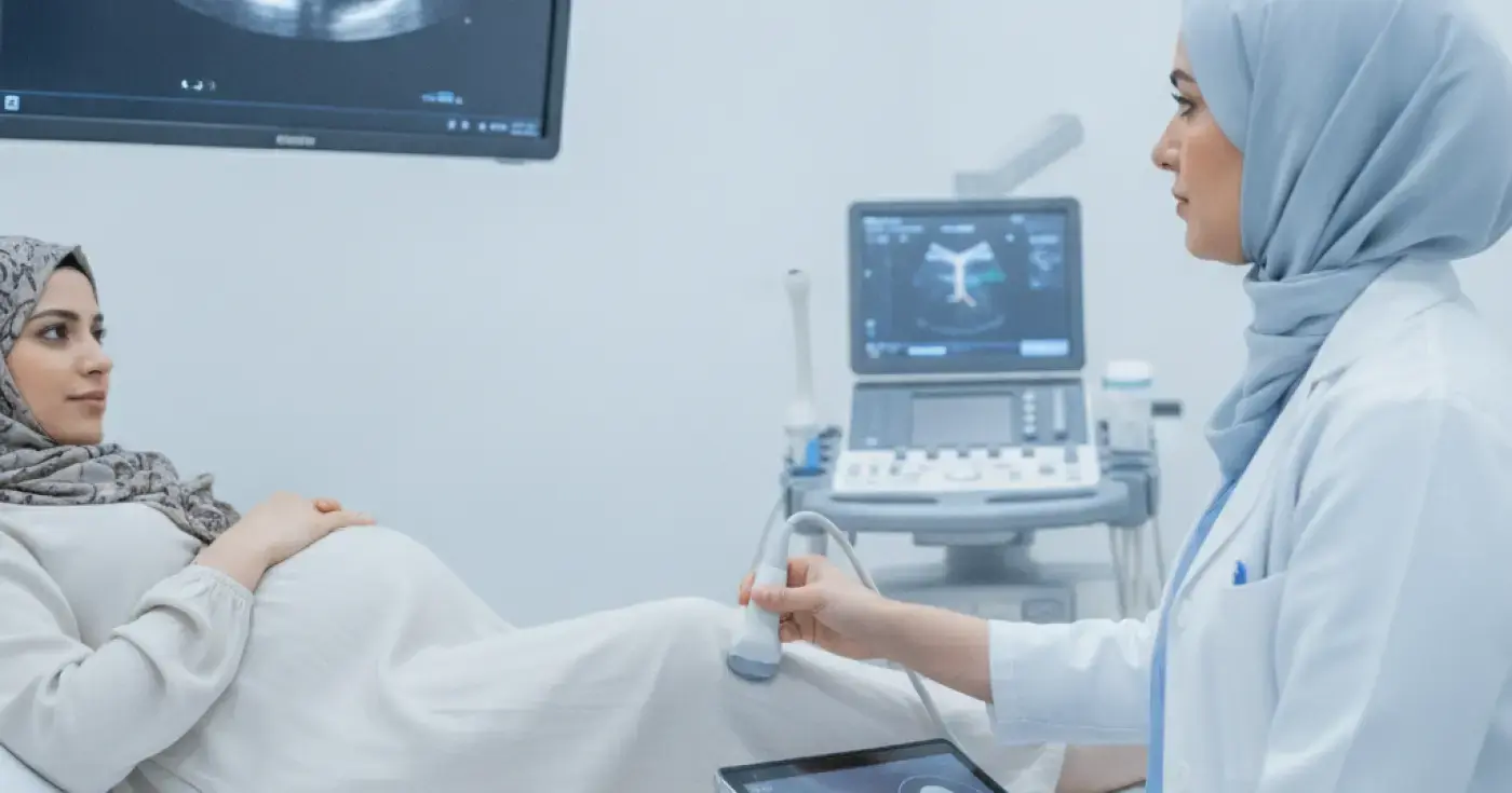 طبيبة تجري فحص دوبلر الحبل السري لامرأة حامل لمراقبة تدفق الدم للجنين
