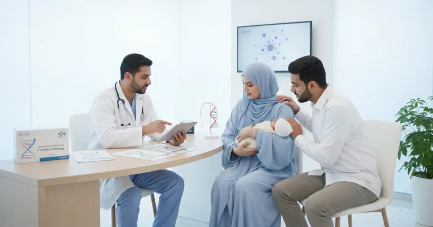 طبيب يشرح لزوجين أهمية تخزين خلايا دم الحبل السري خلال استشارة طبية