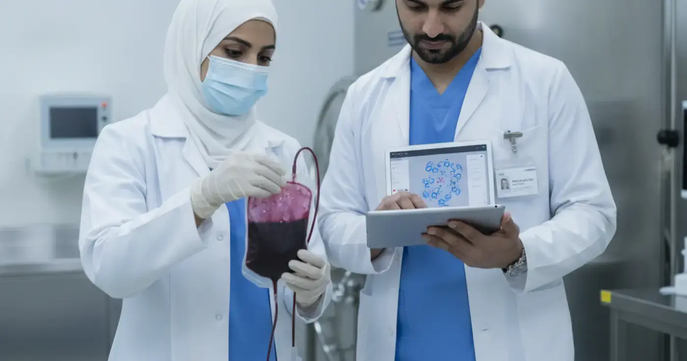 طبيب يقوم بجمع دم الحبل السري بعد الولادة لاستخلاص الخلايا الجذعية في السعودية