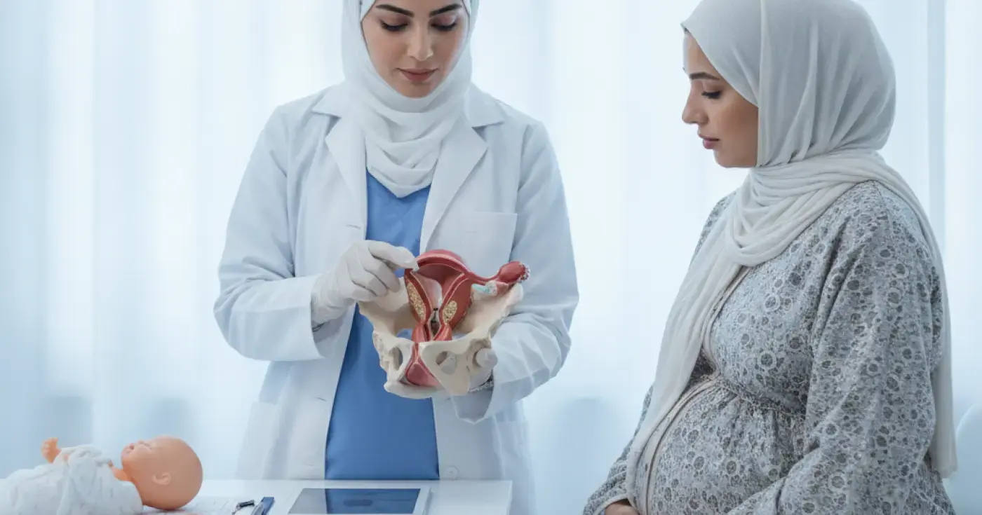 طبيبة تشرح للحامل مصطلحات اتساع عنق الرحم ومراحل المخاض باستخدام مجسم توضيحي في العيادة