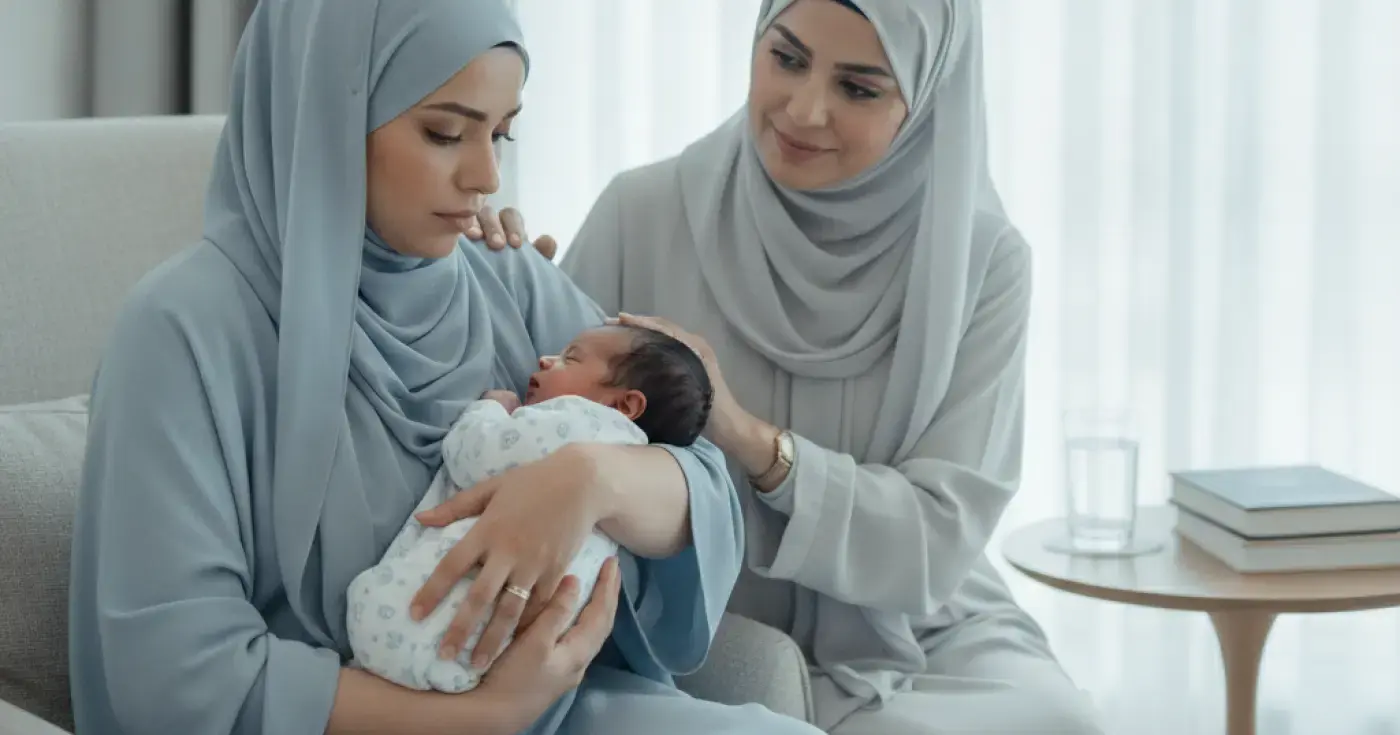 An empathetic depiction of a mother holding her newborn baby, showing signs of fatigue and needing postpartum mental health support