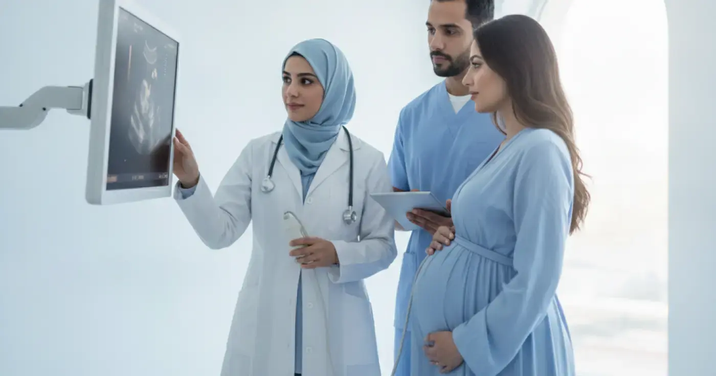 Obstetrician monitoring a pregnant mother in a hospital setting to ensure a safe delivery