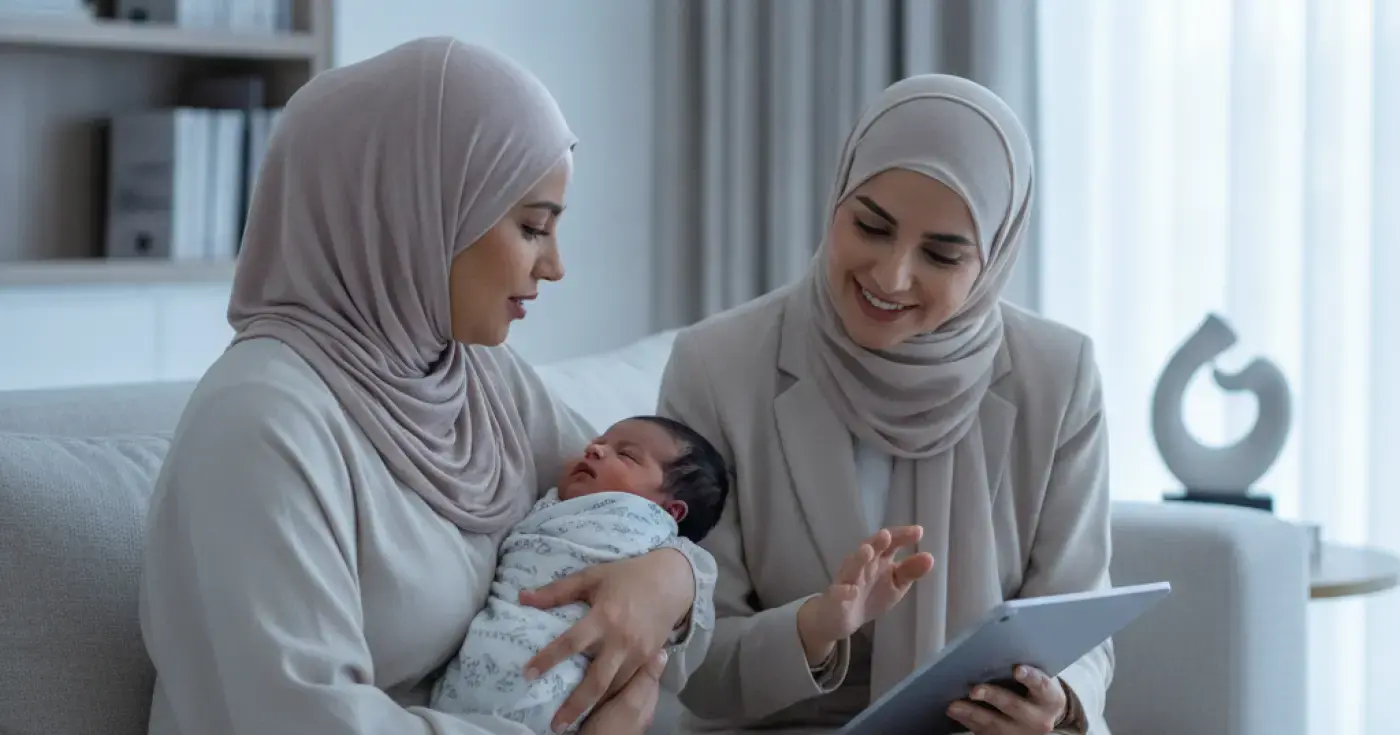 A mother gently holding her newborn baby and smiling peacefully in a comfortable setting