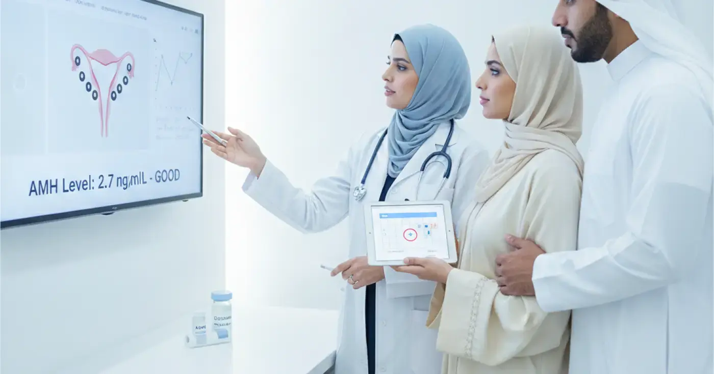 A female doctor explaining the results of a comprehensive ovarian reserve assessment to a patient in a clinic