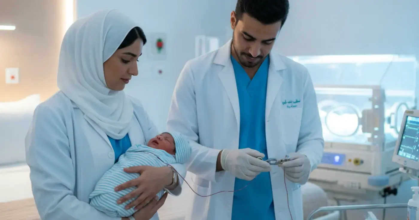 Healthcare provider performing delayed cord clamping for a newborn baby