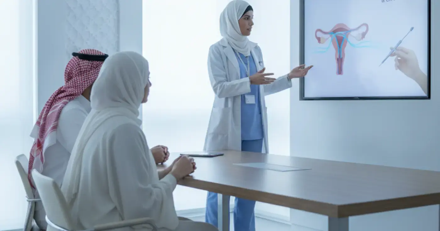 Doctor explaining laparoscopy and chromotubation for fertility evaluation