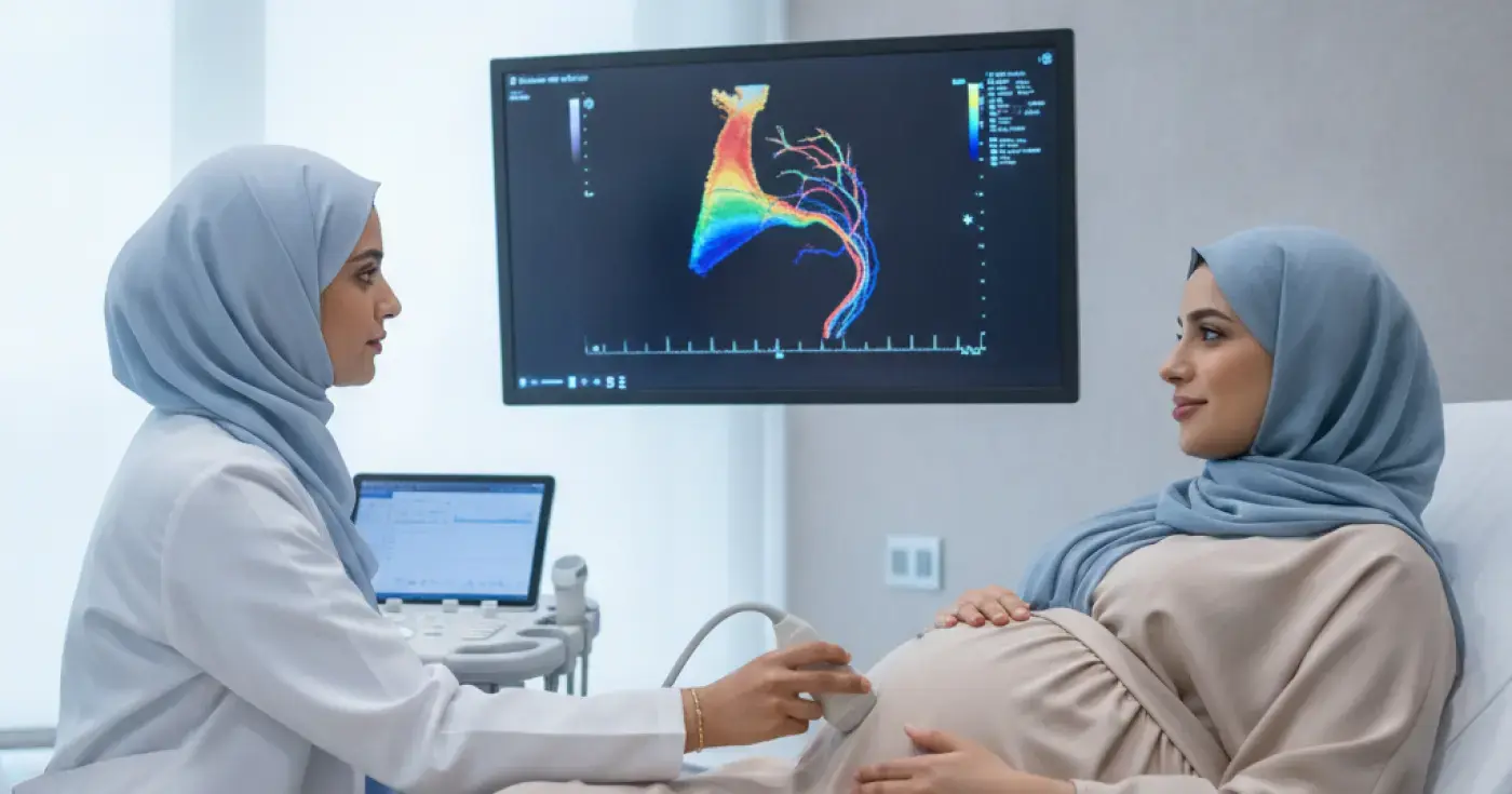 An obstetrician performing a Doppler ultrasound scan on a pregnant woman in a clinic