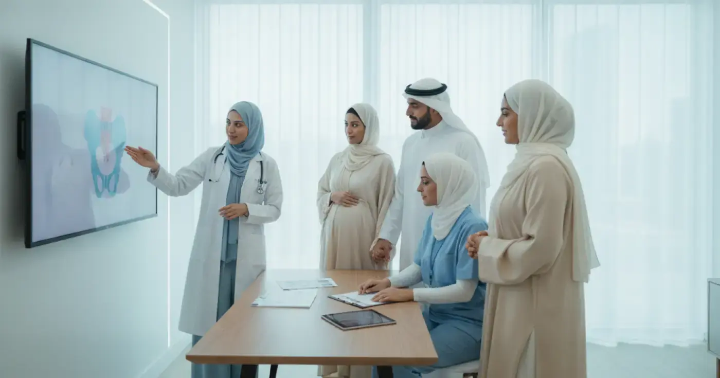 An OB-GYN, a midwife, and a doula supporting an expectant mother during a birth planning session in a comfortable clinic