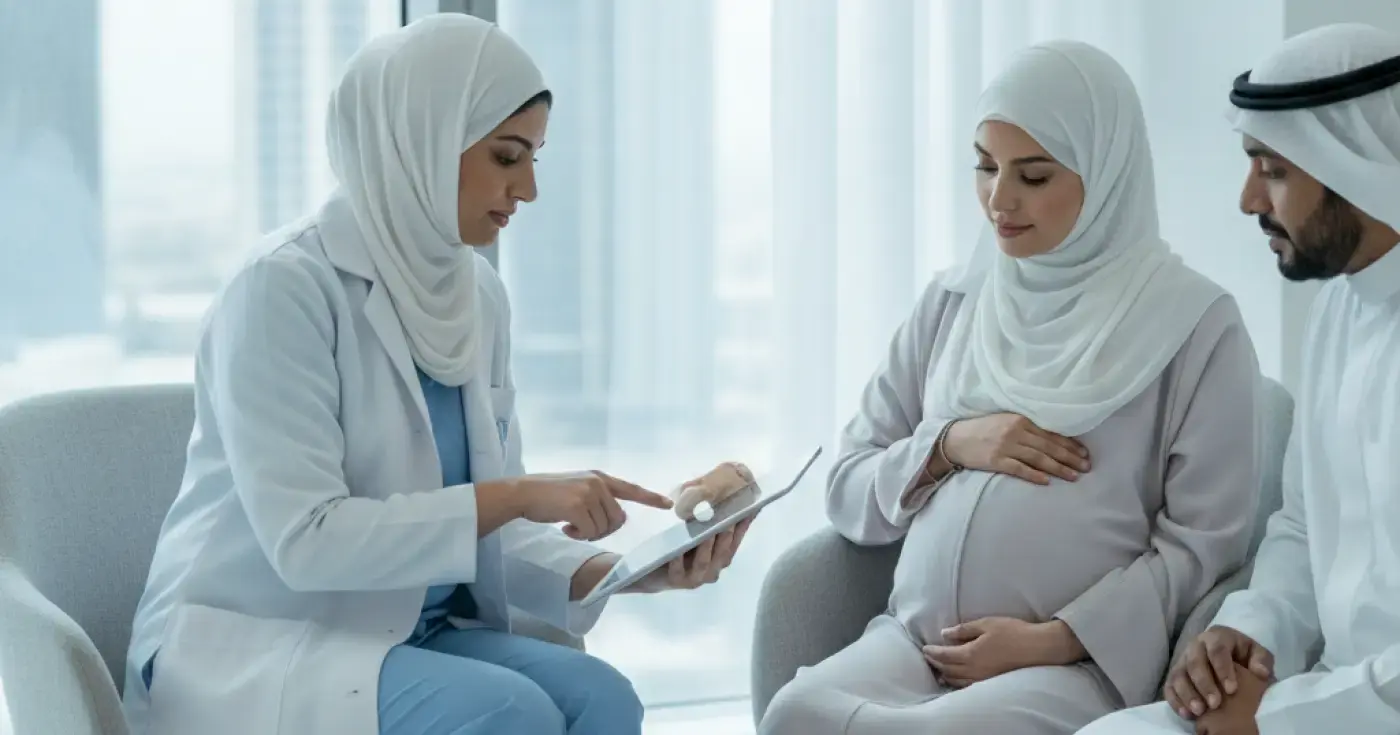 A licensed midwife providing clinical care to a pregnant woman in Saudi Arabia