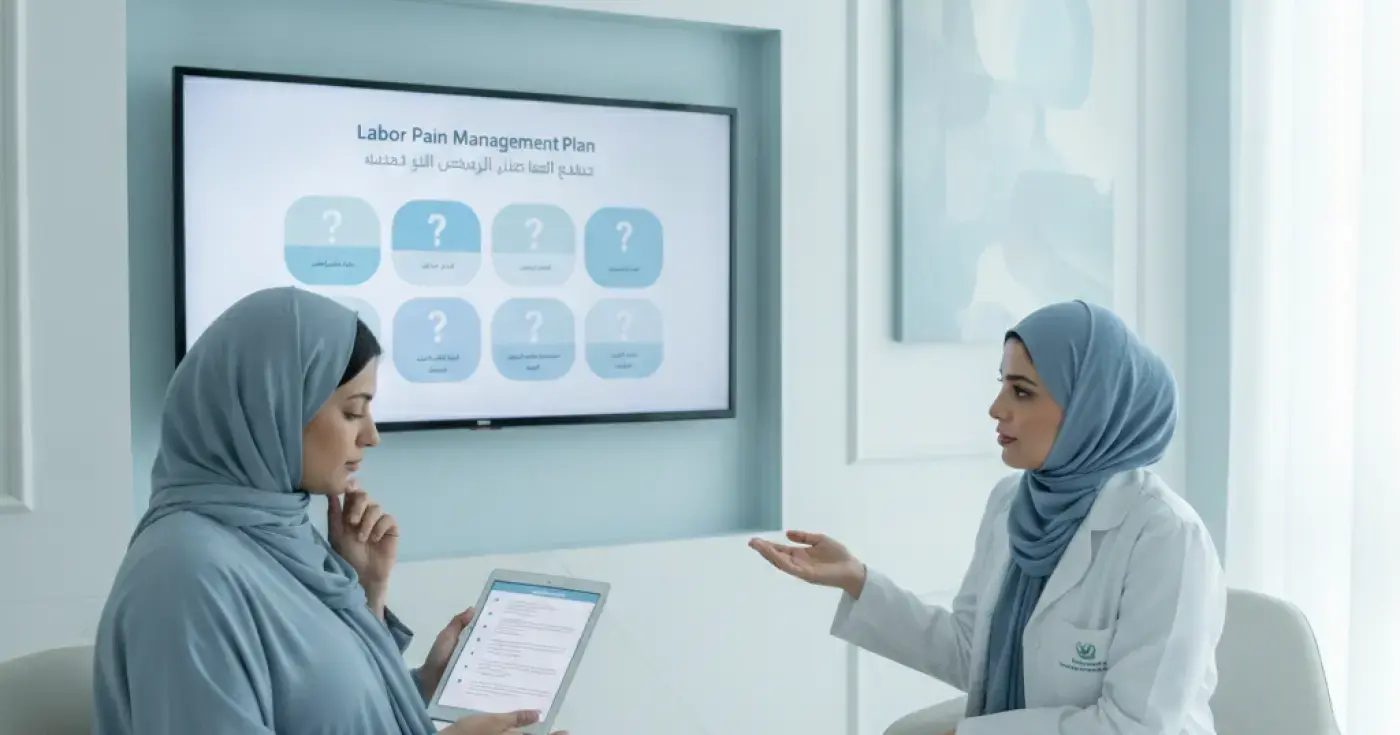 An expectant mother discussing her labor pain management plan with her doctor in a Saudi clinic