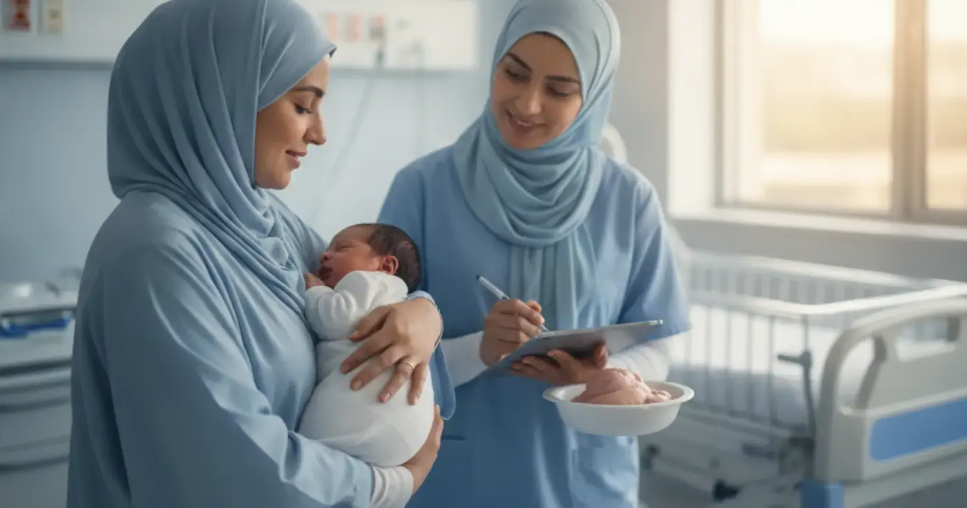 A mother holding her newborn baby skin-to-skin during the golden hour after birth